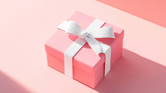 Minimal pink pastel color gift box or present with white rope ribbon bow isolated on light pink background with shadow minimalist conceptual 3D rendering