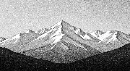 Majestic snow-capped mountain peaks rendered in a dramatic stippled black and white style under a clear sky