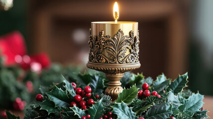 Ornate, gold candle on top of an elegant, holly-adorned Christmas wreath, hollow candelabras, merry christmas decor, evergreen wreaths