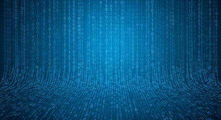 Dynamic digital stream of cascading binary code flowing into a futuristic data abyss, representing global connectivity and technological advancement