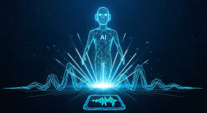 Stunning AI humanoid emerges from glowing digital energy with waveform data visualization, representing future technology and innovation.
