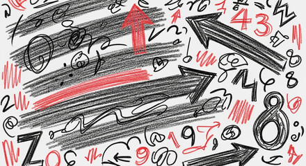 Dynamic abstract pattern of hand-drawn arrows, numbers, and scribbles in bold black and vibrant red, perfect for dynamic presentations and creative concepts.