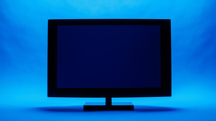 Fototapeta premium A modern monitor is displayed in dark silhouette against bright blue studio light 