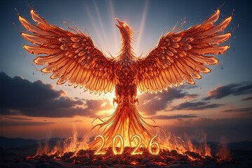 Year of new beginnings golden feather writing in sand dunes at sunset for future planning and vision