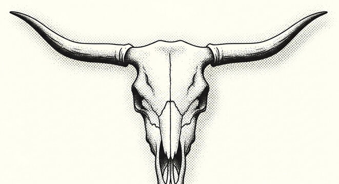 Striking bull skull graphic with long horns and vintage halftone dots, perfect for western themes, branding, and bold design projects.