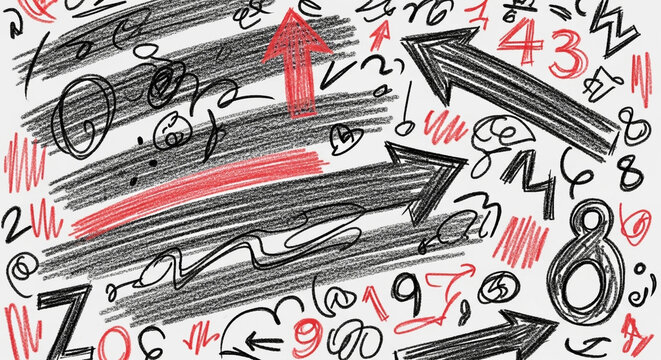 Dynamic abstract pattern of hand-drawn arrows, numbers, and scribbles in bold black and vibrant red, perfect for dynamic presentations and creative concepts.
