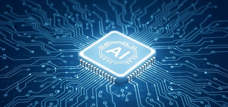 Stunning AI chip at the center of a glowing blue circuit board, symbolizing advanced technology and digital innovation
