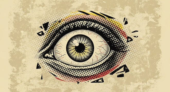 Intense, watchful eye with vintage comic book style and abstract geometric shapes creates a powerful symbol of perception and vigilance - Powered by Adobe