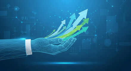 Stunning digital hand supports vibrant upward trending arrows representing business growth and success in a modern blue tech environment