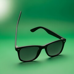 A pair of black sunglasses with dark lenses resting on a vibrant green background, showcasing a stylish and modern accessory for sun protection and fashion