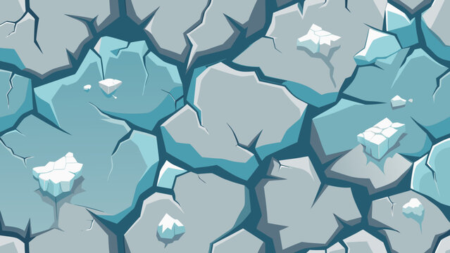 cartoon pattern of cracked, icy ground in blue and gray tones, featuring frost and scattered snow chunks. A repeating texture for game backgrounds, winter concepts, and environmental design.