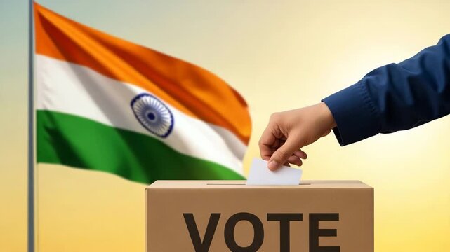 Indian citizen casting vote into ballot box with national flag waving in background democratic