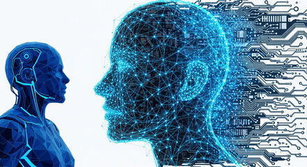 Futuristic AI consciousness emerges, transforming into digital circuits, symbolizing innovation and advanced technology's evolution.