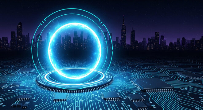 Stunning digital energy portal ignites futuristic cityscape over intricate circuit board, symbolizing innovation and advanced technology.