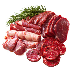 Sliced salami and dried sausage with rosemary and pepper isolated on white or transparent background