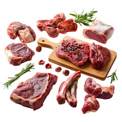 Mixed raw red meat selection beef, pork, lamb with spices and herbs transparent PNG