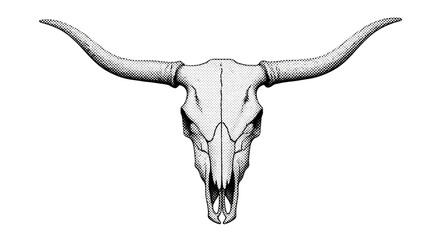 Striking bull skull with long horns presented with vintage halftone dot shading, perfect for western themes and bold graphic designs.