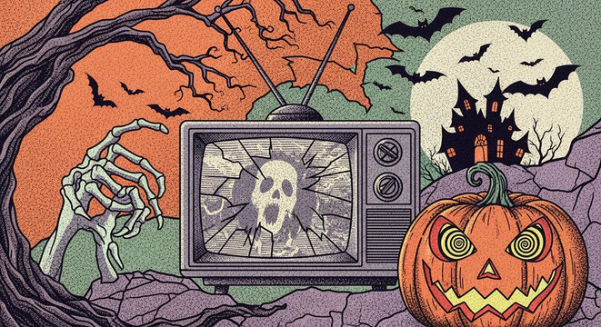 Spooky Halloween scene with a haunted house, bats, a skeletal hand emerging from a tree, and a creepy jack o'lantern on a vintage television screen showing a skull - Powered by Adobe