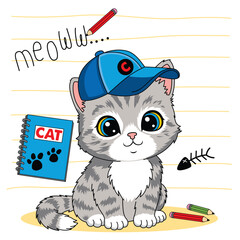 Adorable gray kitten wearing blue cap sitting with notebook and pencils on lined background for kids learning design. Education concept