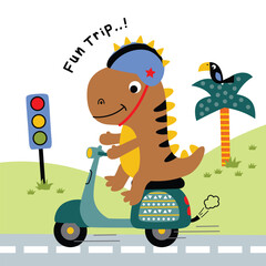 Happy cartoon dinosaur riding scooter on road near palm tree and traffic light in cheerful kids design. Travel concept