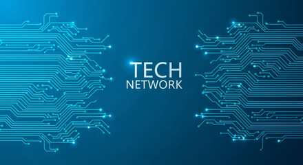 Dynamic blue circuit board pattern with glowing nodes, representing advanced technology and interconnected digital networks for a modern tech concept.