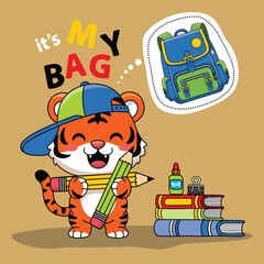 Cute cartoon tiger student holding pencil beside stack of books thinking about backpack in kids learning background. School concept
