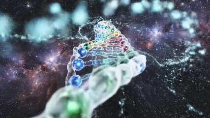 Animated illustration of DNA strand in space, with colorful bubbles and a galaxy backdrop - Powered by Adobe