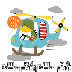 Cute green dinosaur flying blue helicopter above city buildings in cloudy sky for children cartoon design. Aviation concept