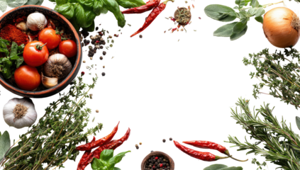 Fresh herbs, spices, and vegetables arranged in a frame