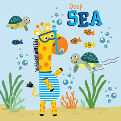 Cute giraffe cartoon wearing diving mask swimming underwater with turtles and fishes in playful kids illustration. Marine life concept
