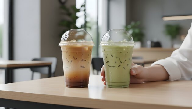 Two refreshing iced beverages, a creamy coffee and a vibrant green tea, sit on a wooden table