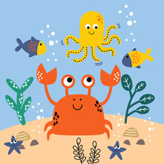Happy crab and yellow octopus surrounded by fishes and sea plants in colorful ocean scene for kids design. Sea life concept