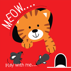 Cute orange cat playing with two mice cartoon illustration