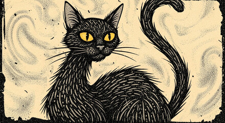Mysterious black cat with piercing yellow eyes gazes intently, evoking a sense of intrigue and ancient lore in a vintage textured background.