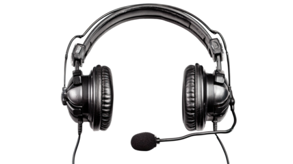 Shiny black headset with microphone facing camera on black