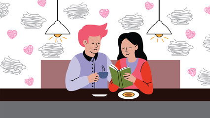 Romantic couple drinking coffee and reading book together illustration