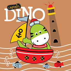Cute dinosaur captain sailing red boat near lighthouse illustration