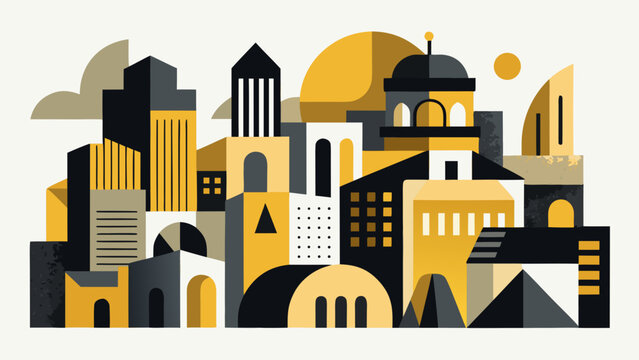 Abstract geometric cityscape illustration in a modern flat design style, featuring buildings in shades of black, grey, white, and yellow. Represents urban life, architecture, and contemporary design.