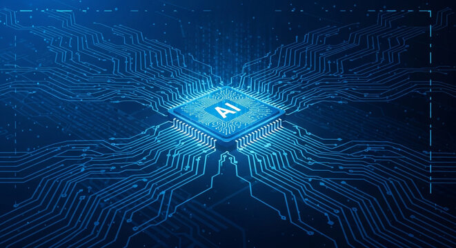 Stunning AI chip powers advanced technology with glowing circuits creating a futuristic digital network, symbolizing innovation and data flow