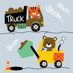 Cute tiger and bear driving construction trucks cartoon illustration