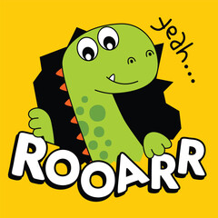 Cute green dinosaur roaring cartoon illustration on yellow background