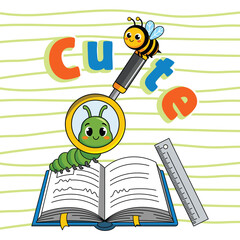 Bee and caterpillar cute school book learning cartoon illustration