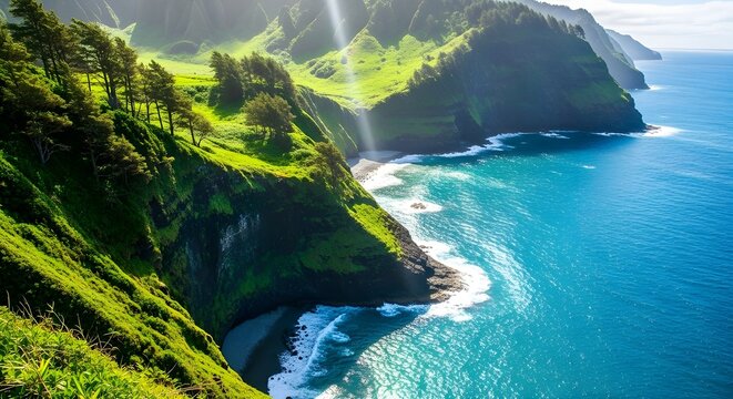 Lush green cliffs plunge into the vibrant turquoise ocean with crashing waves and misty waterfalls - Powered by Adobe