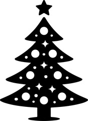 Simple black silhouette of a decorated christmas tree with a star