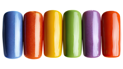 Row of six brightly colored, glossy, cylinder shapes