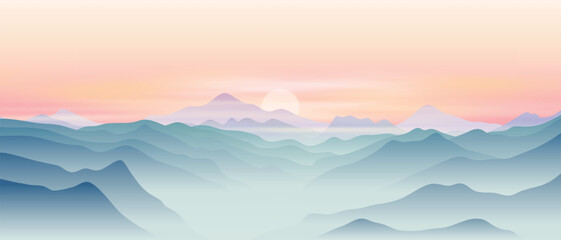 Sunset in the mountains, ridges in the evening light and fog, minimalistic landscape, vector illustration