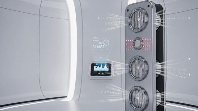 Futuristic Audio System in Clean White Room Video.