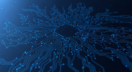 Dynamic blue circuit board pathways glow with digital energy, illustrating advanced technology and data flow for innovation