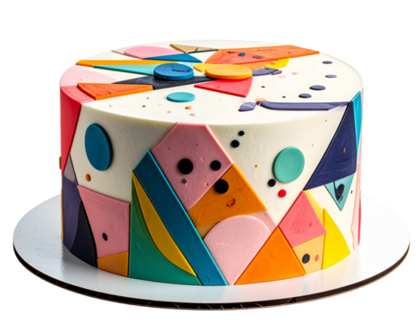 Modern abstract art birthday cake with colorful geometric patterns, isolated on a transparent background, PNG
