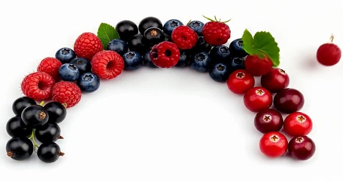 A vibrant arrangement of assorted berries forming a colorful arc on a white background